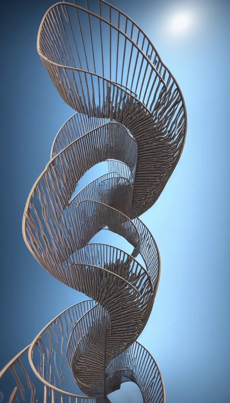 Prompt: highly detailed photo of 3d spiral shape infinity ladder going towards heaven in the style of Greg Rutswoski, wide angle shot, concept art, 8K detail post-processing