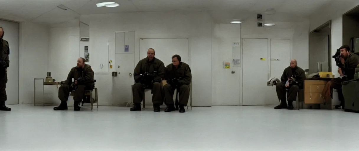 Image similar to filmic wide shot movie still 4 k uhd interior 3 5 mm film color photograph of two armed guards sitting down and talking in a break room in a military base, in the style of the horror film the thing 1 9 8 2