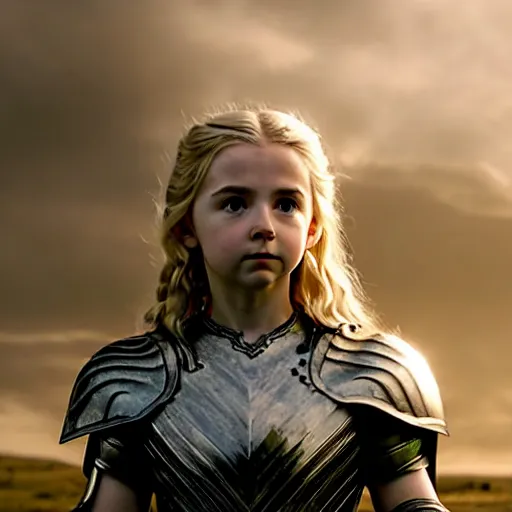 Image similar to cinematic scene with mckenna grace as eowyn from lord of the rings, live action film, battle armor chain mail, dramatic, small details, volumetric lighting, still frame