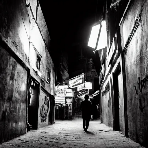 Image similar to a detailed photo of a lonely man walking down a claustrophobic narrow street at night with neon signs, graffiti in kolkata, india in the style of ansel adams, man ray