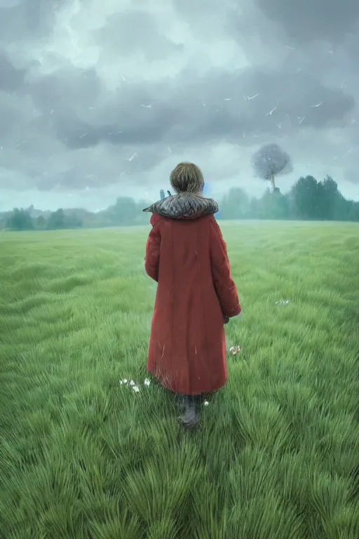 Prompt: portrait, gigantic thistle flower head, a girl wearing coat in field, surreal photography, wind, cloudy sky, dramatic light, impressionist painting, digital painting, artstation, simon stalenhag