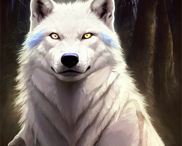 Image similar to albino wolf with blue eyes, deep focus, d & d, fantasy, intricate, elegant, highly detailed, digital painting, artstation, concept art, matte, sharp focus, illustration, hearthstone, art by artgerm and greg rutkowski and alphonse mucha