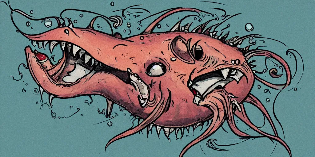 Image similar to illustration of an angler fish, deep sea, large mouth filled with pointed teeth, stylized linework, ornamentation, artistic, muted color wash