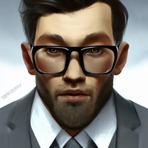 Prompt: a man with a stubble and suit with glasses on, D&D, sci-fi, elegant, hopeful, muscular, highly detailed, digital painting, artstation, concept art, smooth, sharp focus, illustration