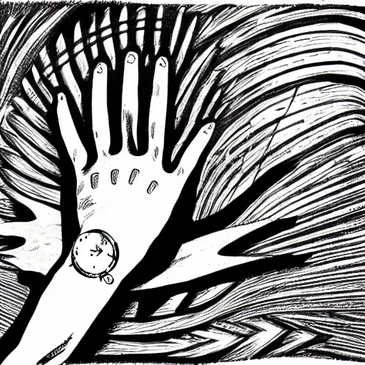 Image similar to streampunk clockwork hand, black and white line art