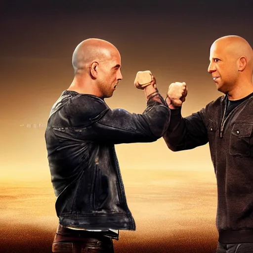 Prompt: paul walker and vin diesel doing a fist bump in heaven, digital art, highly detailed