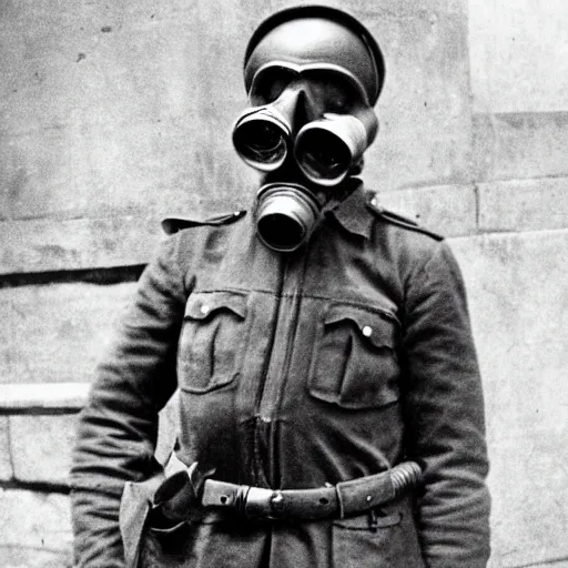 Image similar to police officer posing wear gas mask during world war ii in istanbul, photo, realistic