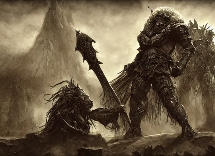 Prompt: were lion warrior concept, babylon armor, beksinski, ruan jia, the hobbit orc concept, dark soul concept