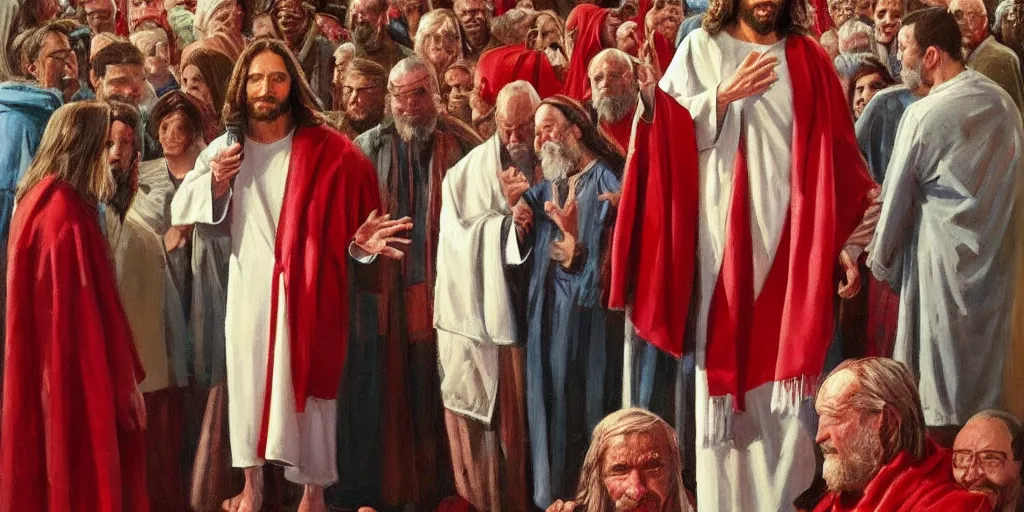 Image similar to jesus christ in a robe and red scarf, campaigning for president of the united states ; slice of life ; norm rockwell painting ; 2 0 2 2 ; highly detailed