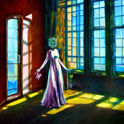 Image similar to giant flower under head, woman next to modern windows, luxury apartment, surreal photography, dramatic light, impressionist painting, digital painting, artstation, arthur adams