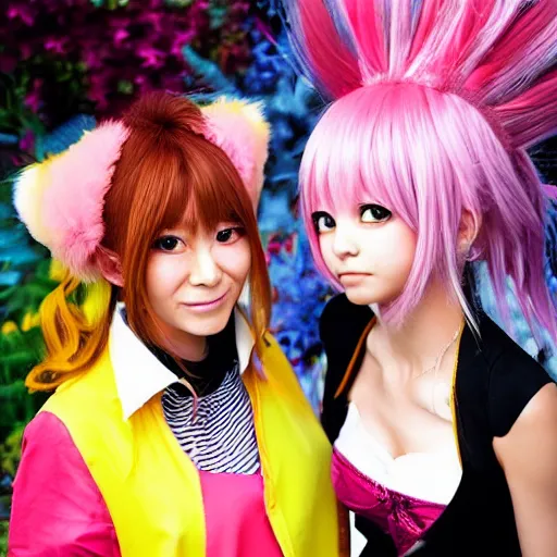 Prompt: a colorful highly detailed photograph of a real people standing next to an anime character from hello! lady lynn