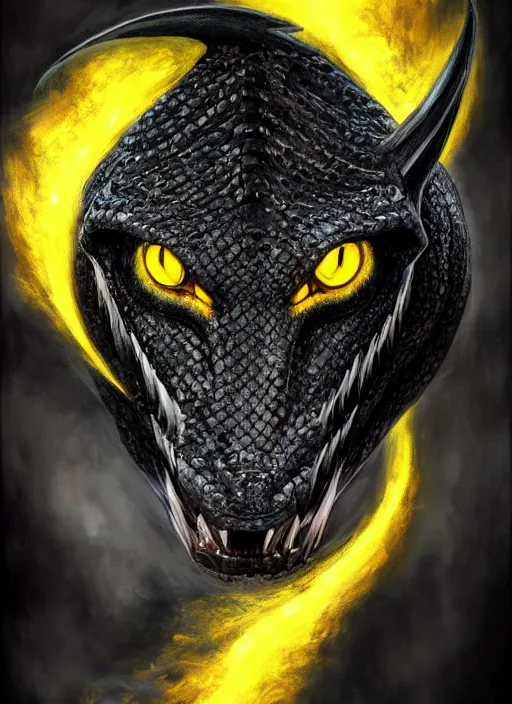 Image similar to closeup portrait of black dragon head with yellow eyes, ultra realistic, fantasy, magic, dnd,