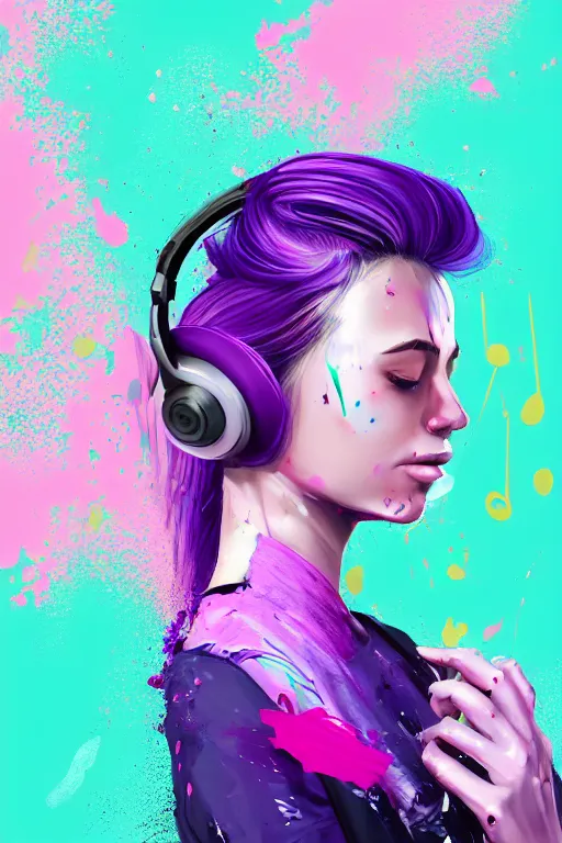 Prompt: a award winning half body portrait of a beautiful woman in a croptop and cargo pants with ombre purple pink teal hairstyle with head in motion and hair flying listenin to music on headphones by wlop, paint splashes and splatter, outrun, vaporware, shaded flat illustration, digital art, trending on artstation, highly detailed, fine detail, intricate