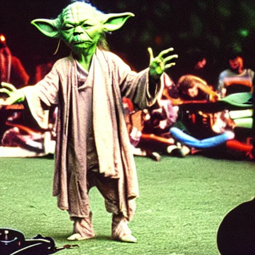 Prompt: yoda performing at woodstock