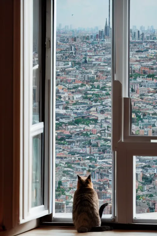 Prompt: a cat sitting at a window looking out at the city