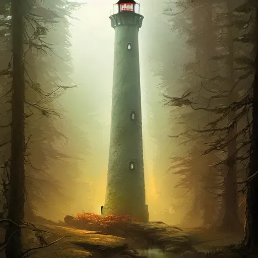 Image similar to a magical lighthouse in the middle of the woods, magical forest, by Jordan Grimmer and greg rutkowski, crisp lines and color,