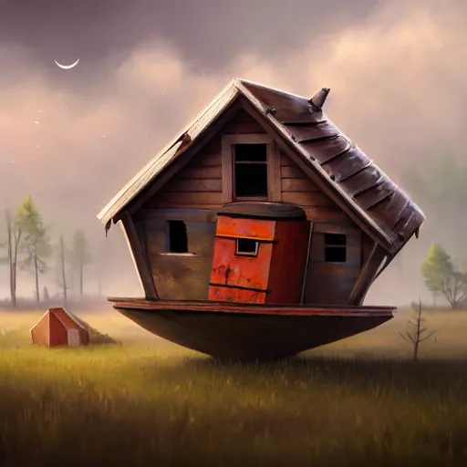 Image similar to a walking wood and metal house with two legs and two big eyes, rust, hyperrealistic, highly detailed, cinematic, single ray of sun, morning, pareidolia, gravity falls style, beautiful, cgssociety, artstation, 8 k, oil painting, digital art