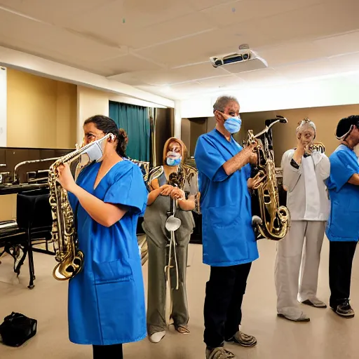 Image similar to doctors playing saxophone made out of clear tubing, syringes, urine collection bag, iv pole, fluid bag, nebulizer equipment, bag - valve mask, intubation equipment, speculum, defibrillator, coban, flexiseal, picc dressing. capacity crowd at concert in surgical theater.