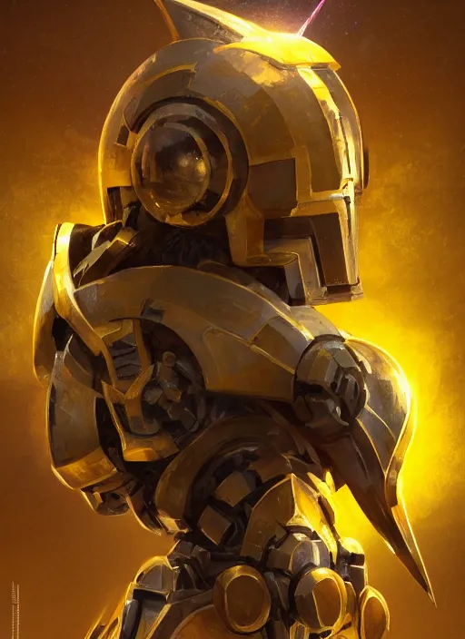 Prompt: full body, dynamic attack position abstract portrait of a intricate glorious holy mechanical warforged with circular glowing eye, character in yellow armor holding a paladin engraved great longsword drawn and carrying a big paladin shield, face in focus, pit droid, epic , trending on ArtStation, masterpiece, cinematic lighting, by Ross Tran and by Greg Rutkowski