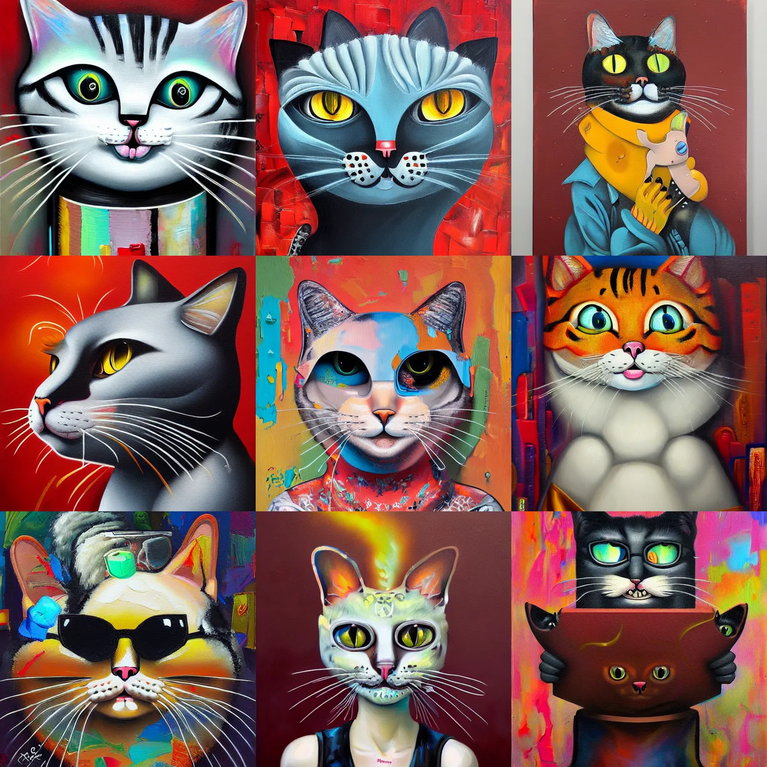 Prompt: anthropomorphic cat painting by andrei riabovitchev, tara mcpherson, david choe, decorative graffity, detailed painterly impasto brushwork