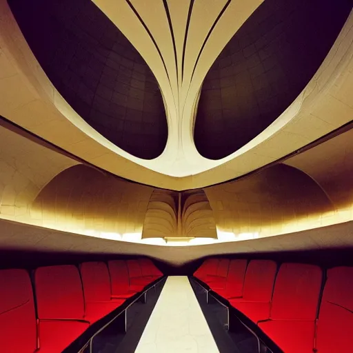 Image similar to interior of a futuristic lotus temple with gold, red and white marble panels, in the desert, by buckminster fuller and syd mead, intricate contemporary architecture, photo journalism, photography, cinematic, national geographic photoshoot