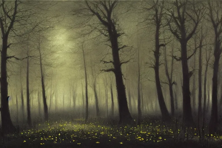 Image similar to dark and spooky painting of a forest dimly lit at night with tiny purple morning glory flowers trailing at the base of trees. foggy cinematic volumetric darkness, muted colour palette, detailed oil painting on canvas robert hughes, john everett millais