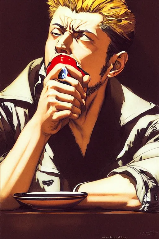 Image similar to attractive 2 1 savage drinking coffee, painting by j. c. leyendecker, yoji shinkawa, katayama bokuyo