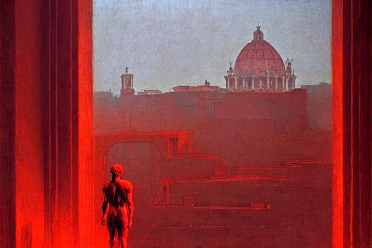 Image similar to only with red, caesar after war, a red tiger, in hoc signo vinces, rome in background, an ancient path, in the style of beksinski, part by hopper, part by rodcenko, part by hofbauer, intricate composition, red by caravaggio, insanely quality, highly detailed, masterpiece, red light, artstation