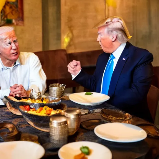 Image similar to Trump and Biden having dinner at a fancy Balinese restaurant, award winning photography, 85mm, perfect faces