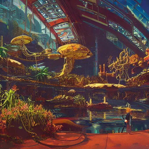 Prompt: painting of syd mead artlilery scifi aquarium with ornate metal work lands in country landscape, filigree ornaments, volumetric lights, simon stalenhag