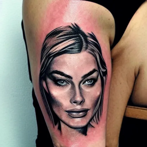 Prompt: face morph tattoo design of margot robbie and beautiful mountain scenery, in the style of arlo dicristina, amazing detail, mash up