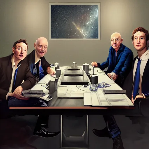 Image similar to portrait of elon musk, mark zuckerberg, jeff bezos, in meeting together, same table, very detailed, art contest winner on behance, trendy on deviant art, by by artgem, greg rutkowski, makoto shinkai