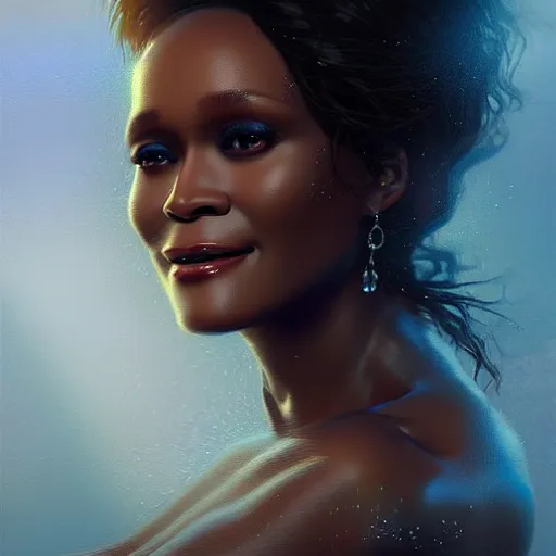 Prompt: a beautiful portrait of water goddess Whitney Houston with silk skin by Greg Rutkowski and Raymond Swanland Trending on Artstation, ultra realistic digital art