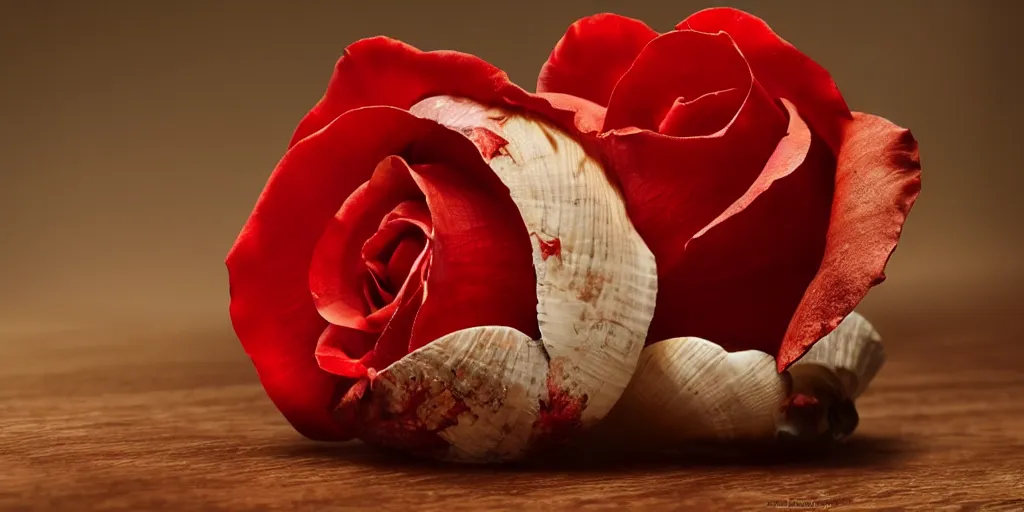 Prompt: a single red rose petal rests on a wooden table with an intricate seashell carved into it, close up view, dramatic lighting, DOF, intricate artwork by Raymond Swanland and Ruan Jia