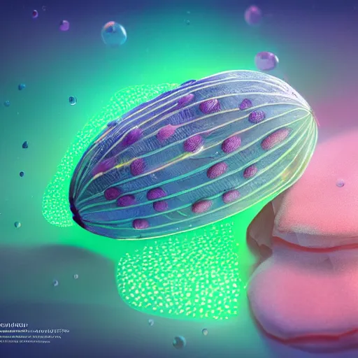 Image similar to tiny watermelon, floating, rbc, radiolaria, protophyta, micro - organisms, center frame, symmetric, rim light, marine microbiology, bioluminescence, electric, soft, concept art, intricate details, highly detailed, colorful, photorealistic, disney pixar, octane render, iridescent, anime, 8 k