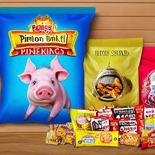 Image similar to photo realistic pig king on throne surrounded snack food bags, realistic, award winning, cinematic