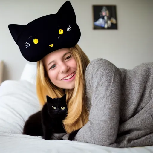 Prompt: Canadian blonde haired girl with black cat on her head and bed in the background