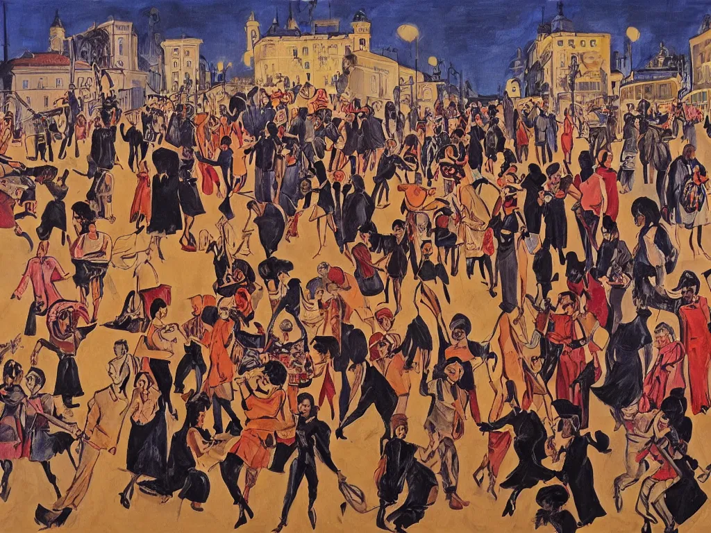 Image similar to feminist revolution, lisbon city at night, art in the style of paula rego