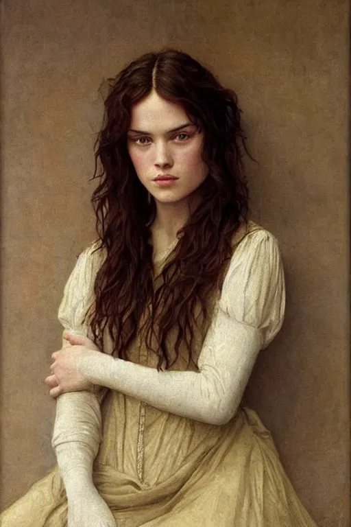 Image similar to a pre raphaelite painting of daisy ridley by dante gabriel rossett