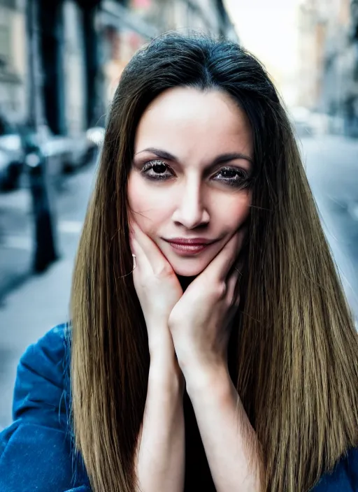 Image similar to color realistic portrait of a beautiful, stylish, 30-year-old French woman street background, with long, straight hair, street portrait in the style of Mario Testino 50mm