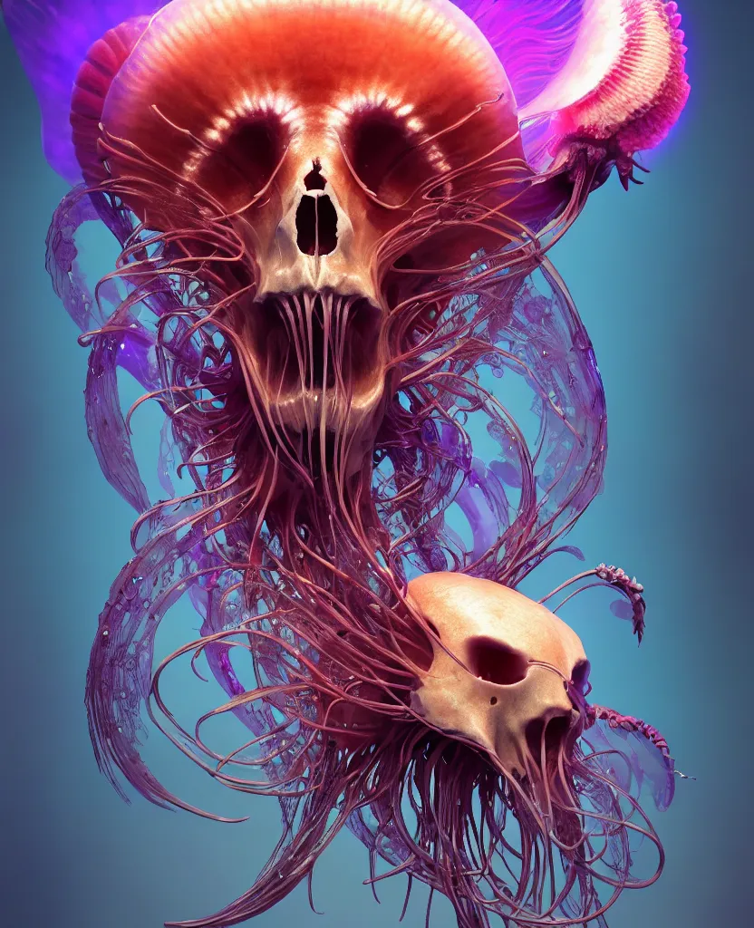 Image similar to goddess close-up portrait ram skull. jellyfish phoenix head, nautilus, orchid, skull, betta fish, bioluminiscent creatures, intricate artwork by Tooth Wu and wlop and beeple. octane render, trending on artstation, greg rutkowski very coherent symmetrical artwork. cinematic, hyper realism, high detail, octane render, 8k