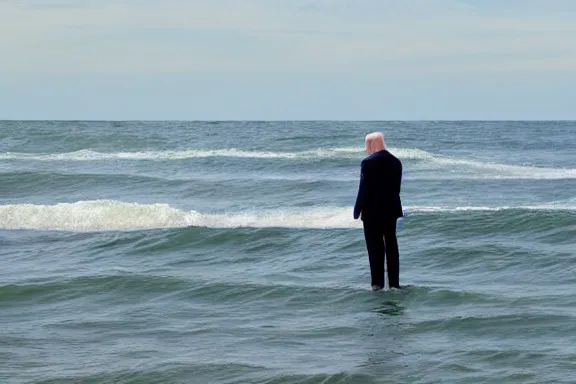 Image similar to a far away shot of Joe Biden standing in the ocean