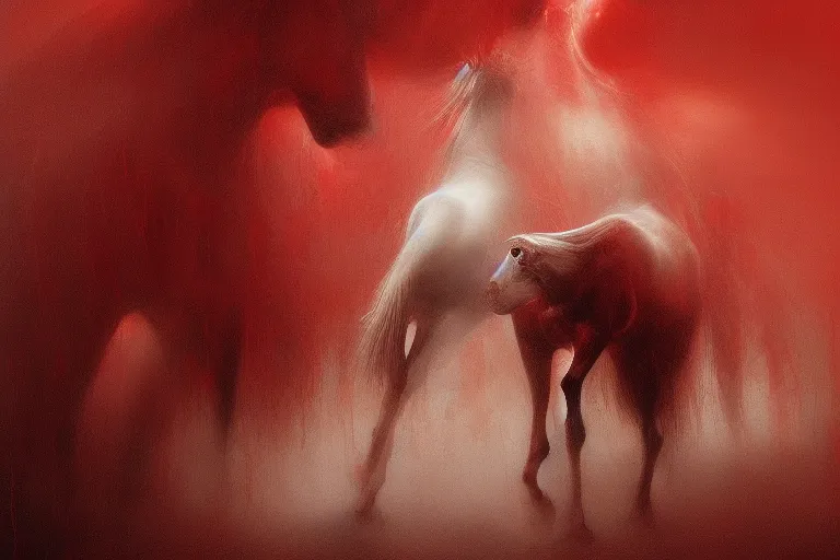 Image similar to a white cyberpunk horses with human heads, in the style of beksinski, intricate and epic composition, red by caravaggio, insanely quality, highly detailed, masterpiece, red light, artstation, 4 k