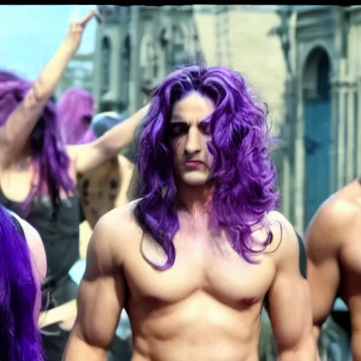 Image similar to a film still of Kars from jojo with purple hair in Magic Mike(2012)