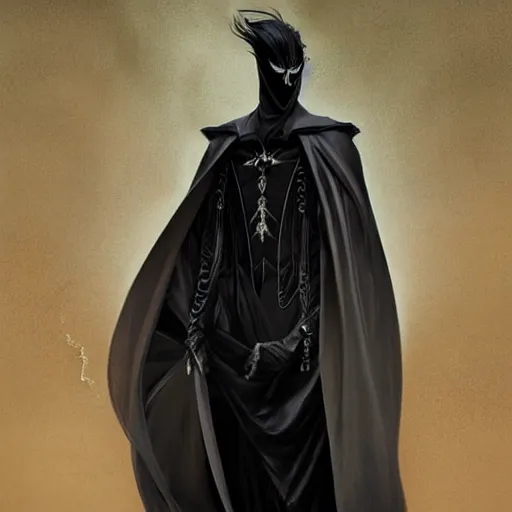 Prompt: goth tall thin man with wind swept floating black hair wearing a long flowing black cape , intricate, elegant, highly detailed, digital painting, artstation, concept art, smooth, sharp focus, illustration, art by artgerm and greg rutkowski and alphonse mucha and francisco goya