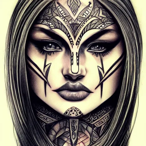 Image similar to tattoo design of a beautiful girl warrior face, hyper detailed, in the design of eliot kohek. white paper background