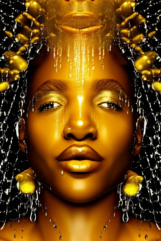 Image similar to hyperrealistic modern cinematic very expressive! black oshun goddess, in water up to her shoulders, mirror dripping droplet!, gold flowers, highly detailed face, digital art masterpiece, smooth eric zener cam de leon, dynamic pearlescent teal light, tilt angle uhd 8 k, sharp focus
