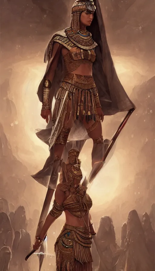 Image similar to female egyptian warrior in a winter night, shaman clothing, ritual, moon beams, fame of thrones, fibonacci, sweat drops, insane, intricate, highly detailed, surrealistic, digital painting, artstation, concept art, smooth, sharp focus, illustration, unreal engine 5, 8 k, art by artgerm and greg rutkowski and alphonse mucha
