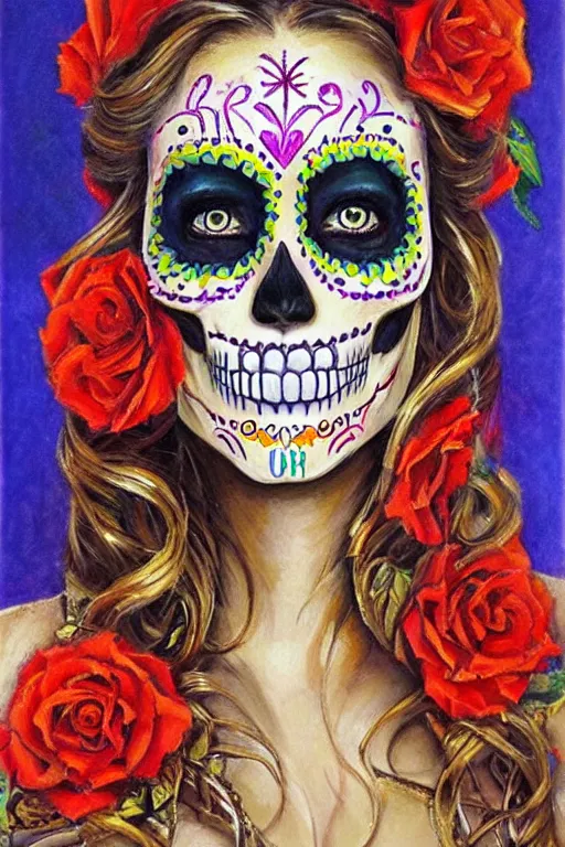 Prompt: Illustration of a sugar skull day of the dead girl, art by Robert Hagan