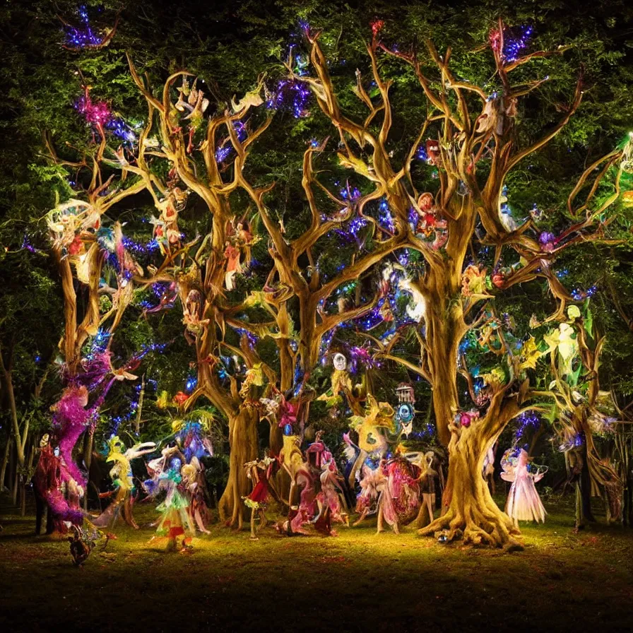 Image similar to photography award of a night carnival fairies around a magical tree, christmas lights, creatures and fantastic people disguised as fantastic creatures in a magical forest by summer night, masterpiece photography by gregory crewdson and john anster fitzgerald, volumetric lightning